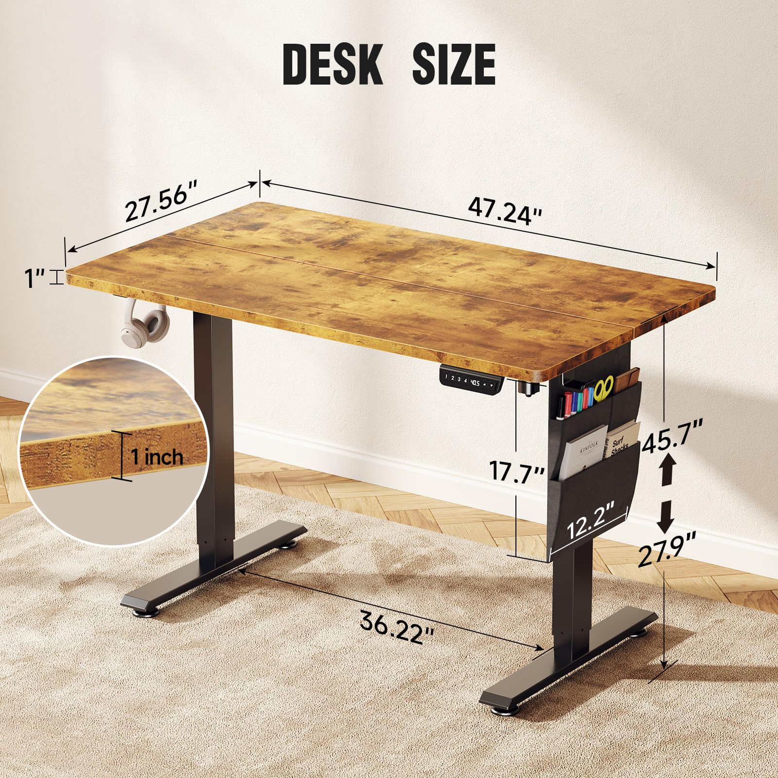 Veken Electric Standing Desk with Side Storage Pocket,  47.2x27.6 Inch 1-Inch Thick | Brown - aborderproducts