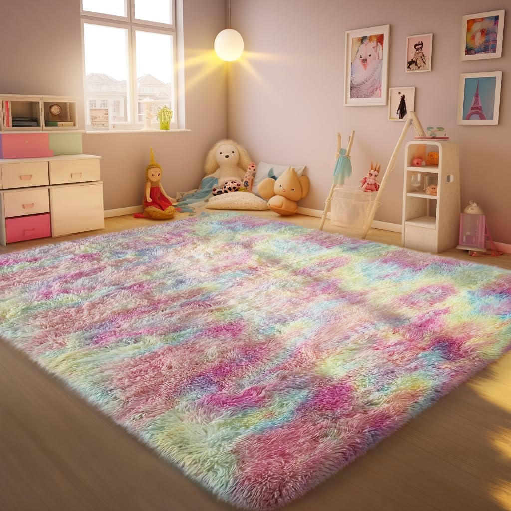 Ophanie Fluffy Shaggy Soft Area Rug | Rainbow 5x8