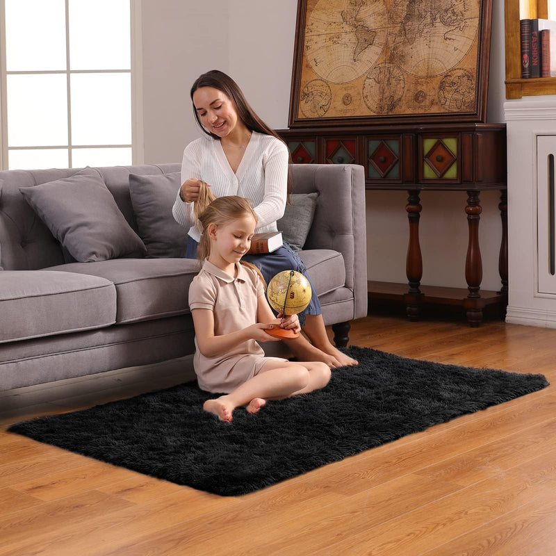 Ophanie Fluffy Shaggy Soft Area Rug | Black 3x5-zoom-