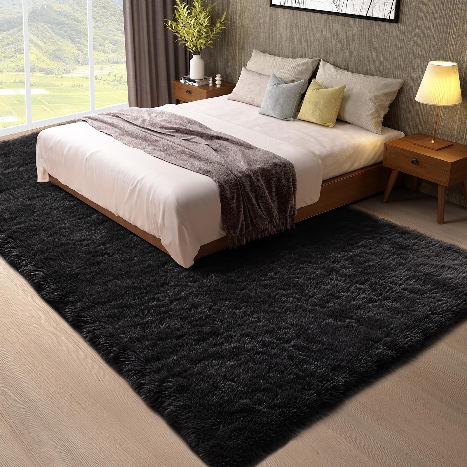 Ophanie Fluffy Shaggy Soft Area Rug | Black 8x10