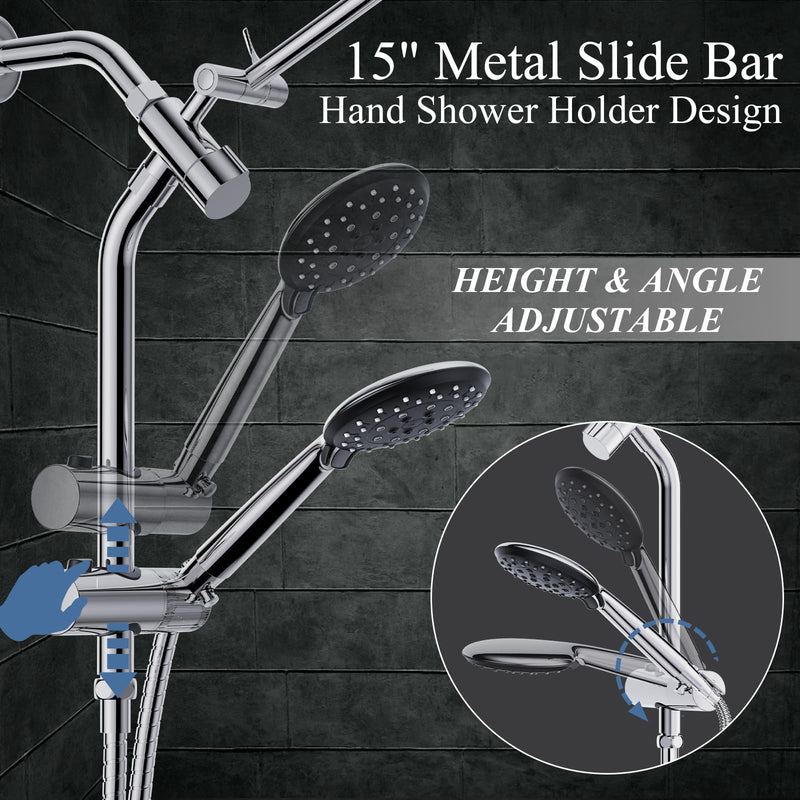 Veken 12 Inch High Pressure Rain Shower Head Combo with Extension Arm | Upgraded 2-in-1 slide bar | Silver Chrome-zoom-