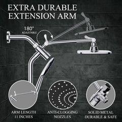 Veken 12 Inch High Pressure Rain Shower Head Combo with Extension Arm | Upgraded 2-in-1 slide bar | Silver Chrome - aborderproducts