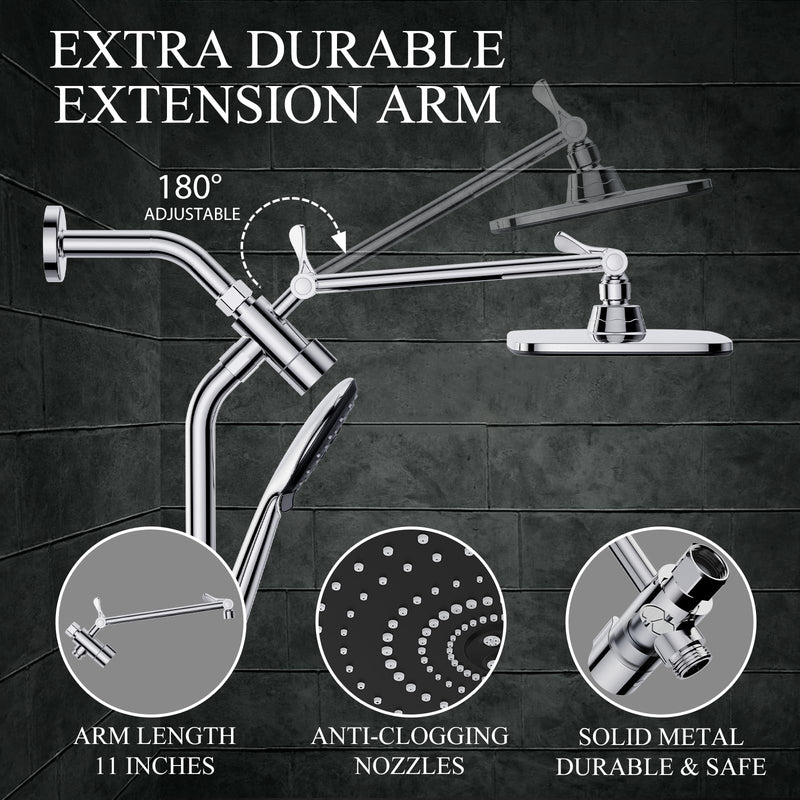 Veken 12 Inch High Pressure Rain Shower Head Combo with Extension Arm | Upgraded 2-in-1 slide bar | Silver Chrome-zoom-