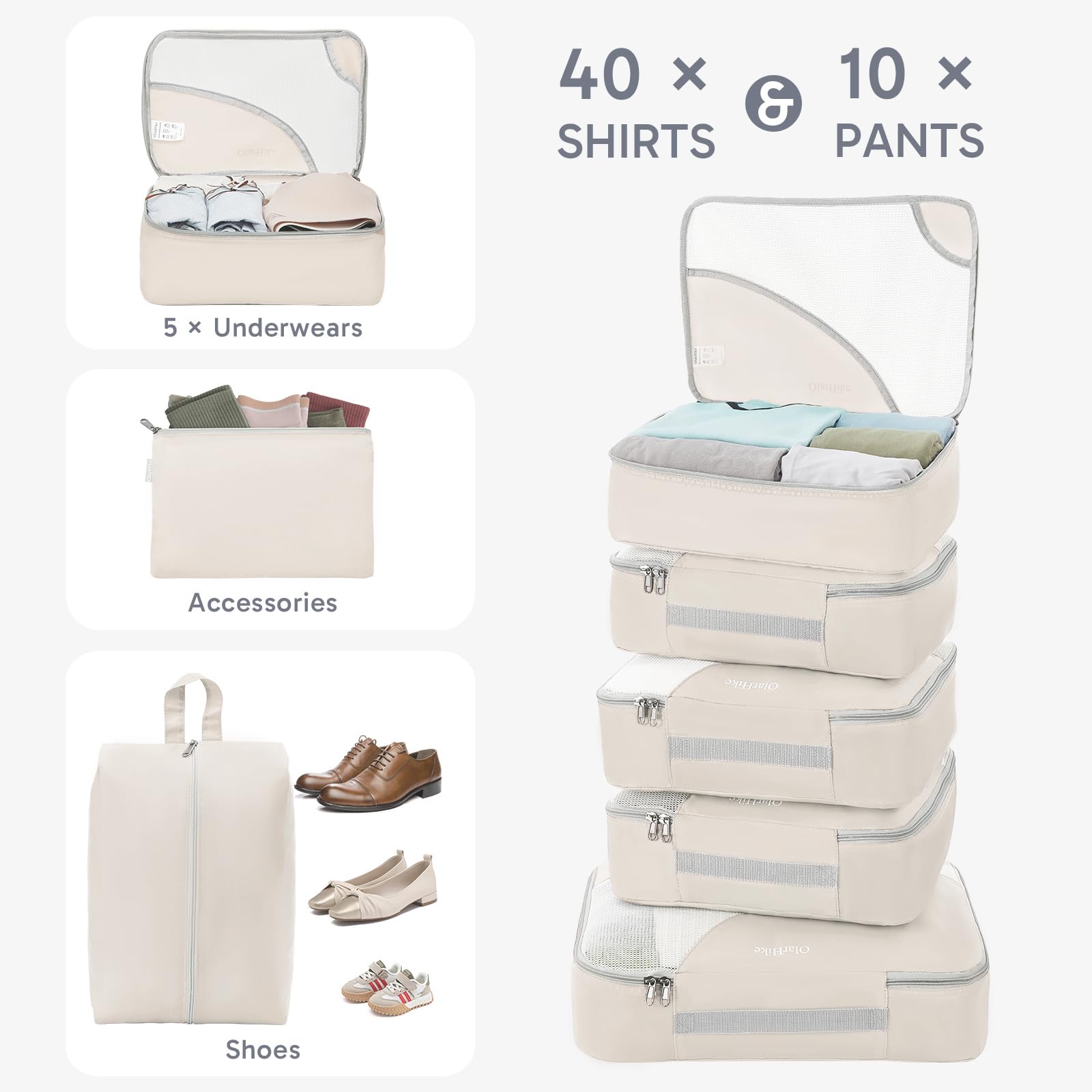 OlarHike 10 Piece Set Travel Packing Cubes | Cream