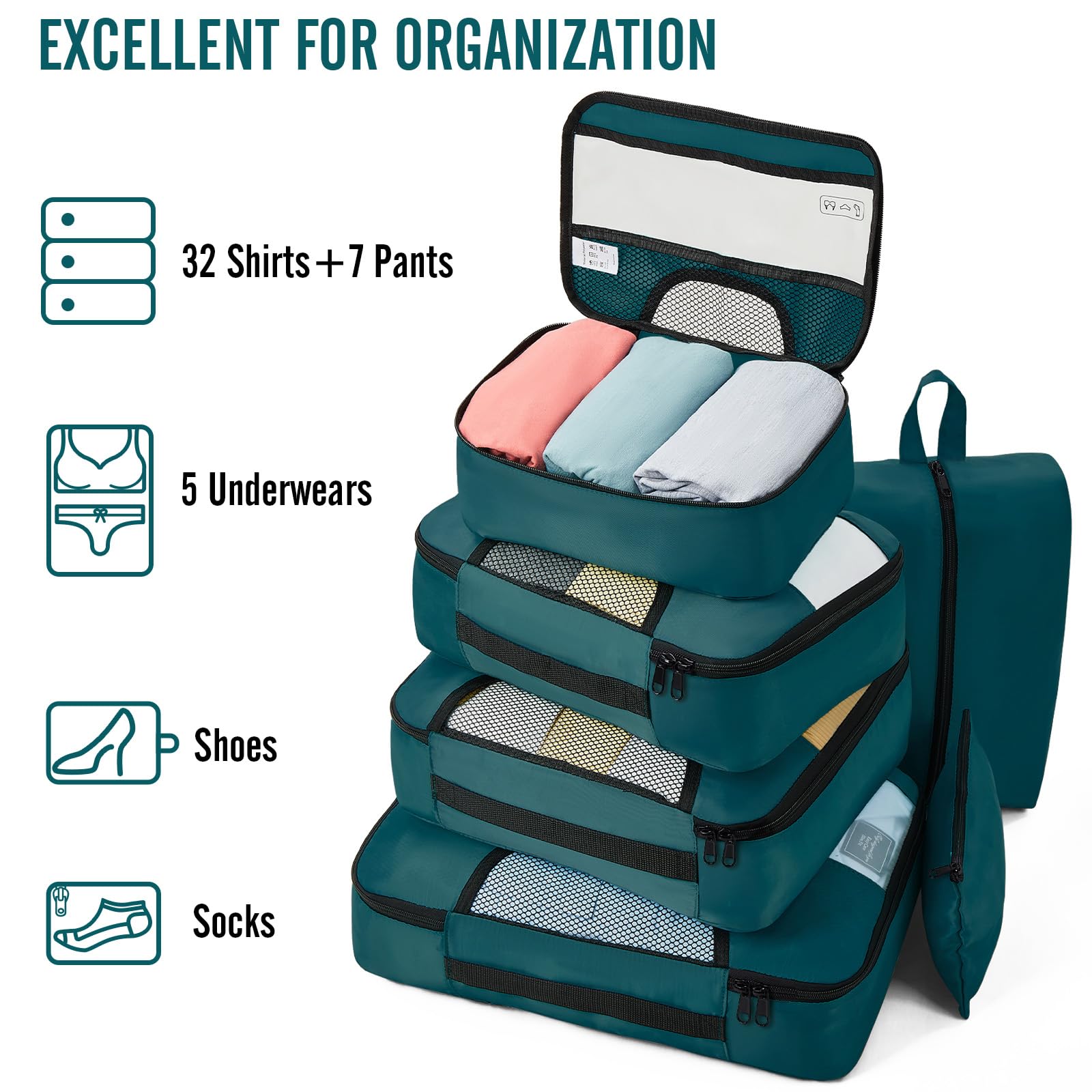 Veken 8 Piece Set Travel Packing Cubes | Dark Teal - aborderproducts