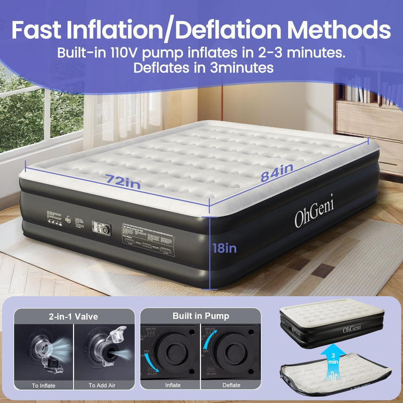 OhGeni Cal King Air Mattress with Built in Pump | 18in Tall | Black-zoom-