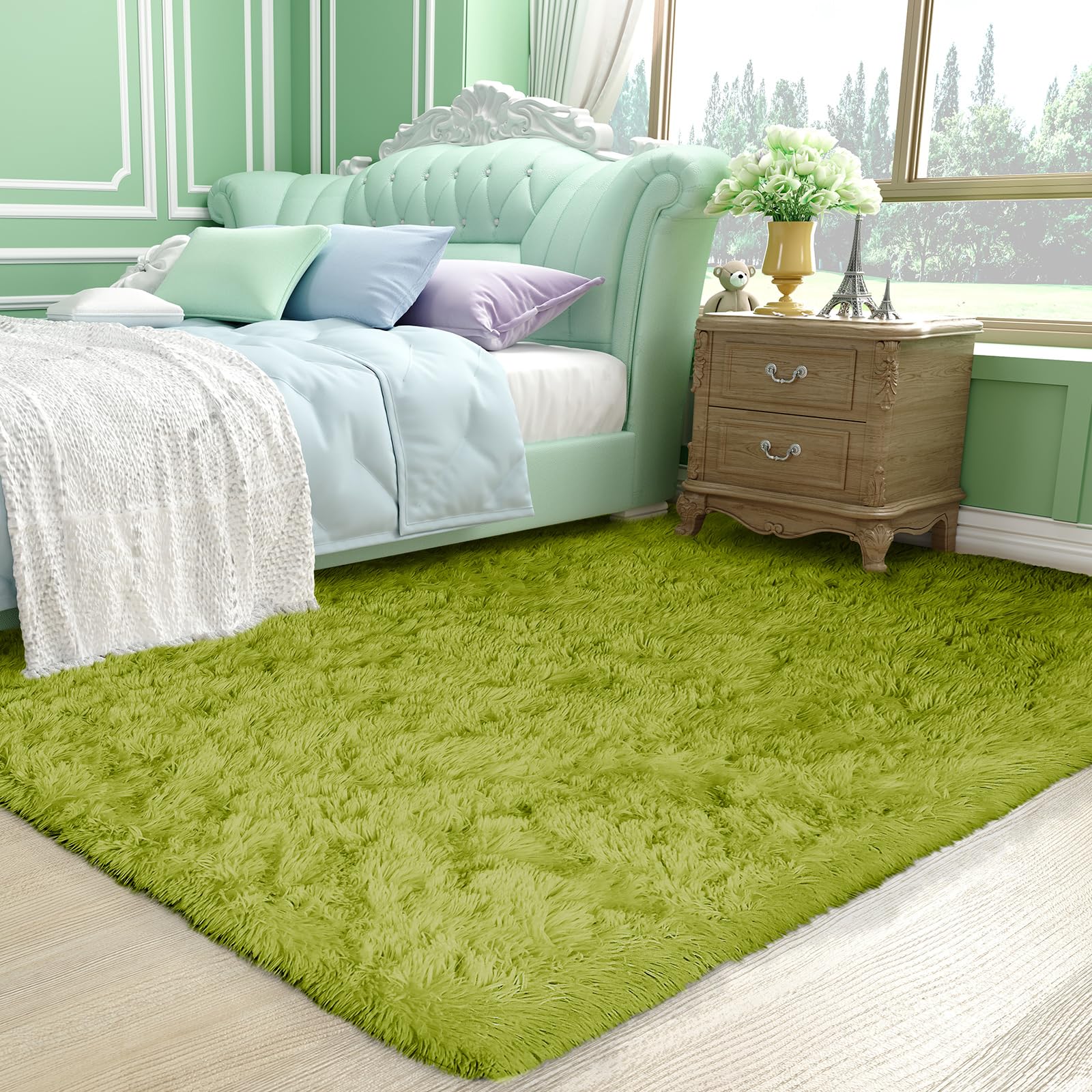 Ophanie Fluffy Shaggy Soft Area Rug | Green 4x6