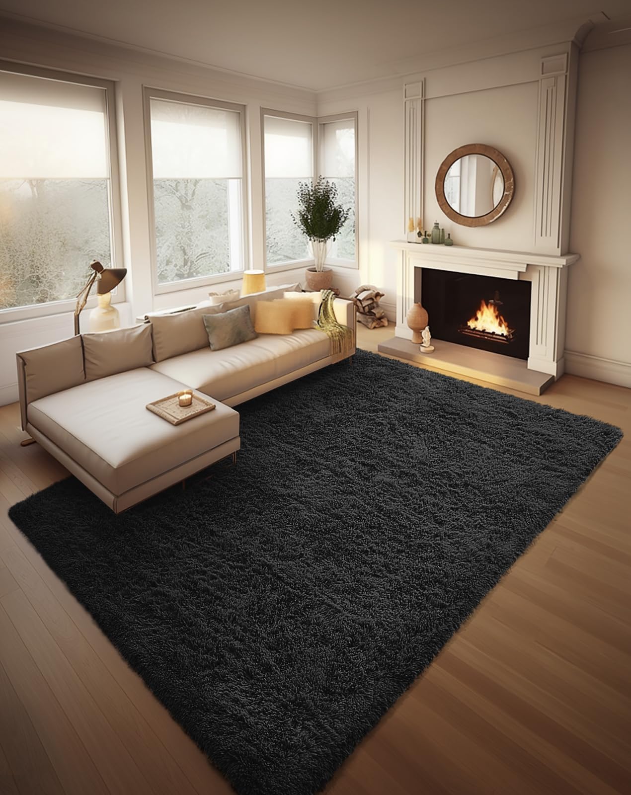 Ophanie Fluffy Shaggy Soft Area Rug | Black 8x10