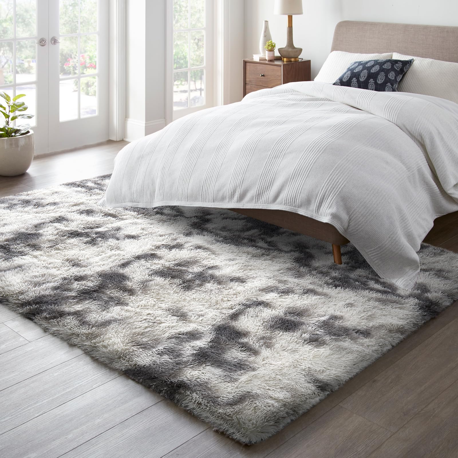 Ophanie Fluffy Shaggy Soft Area Rug | Tie Dyed Grey & White 6x9 - aborderproducts