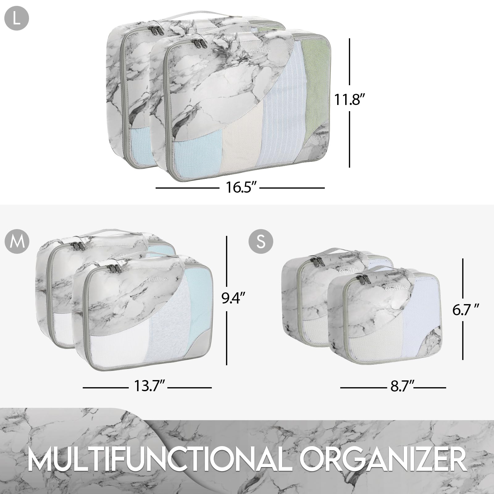 OlarHike 6 Piece Set Travel Packing Cubes | White Marble