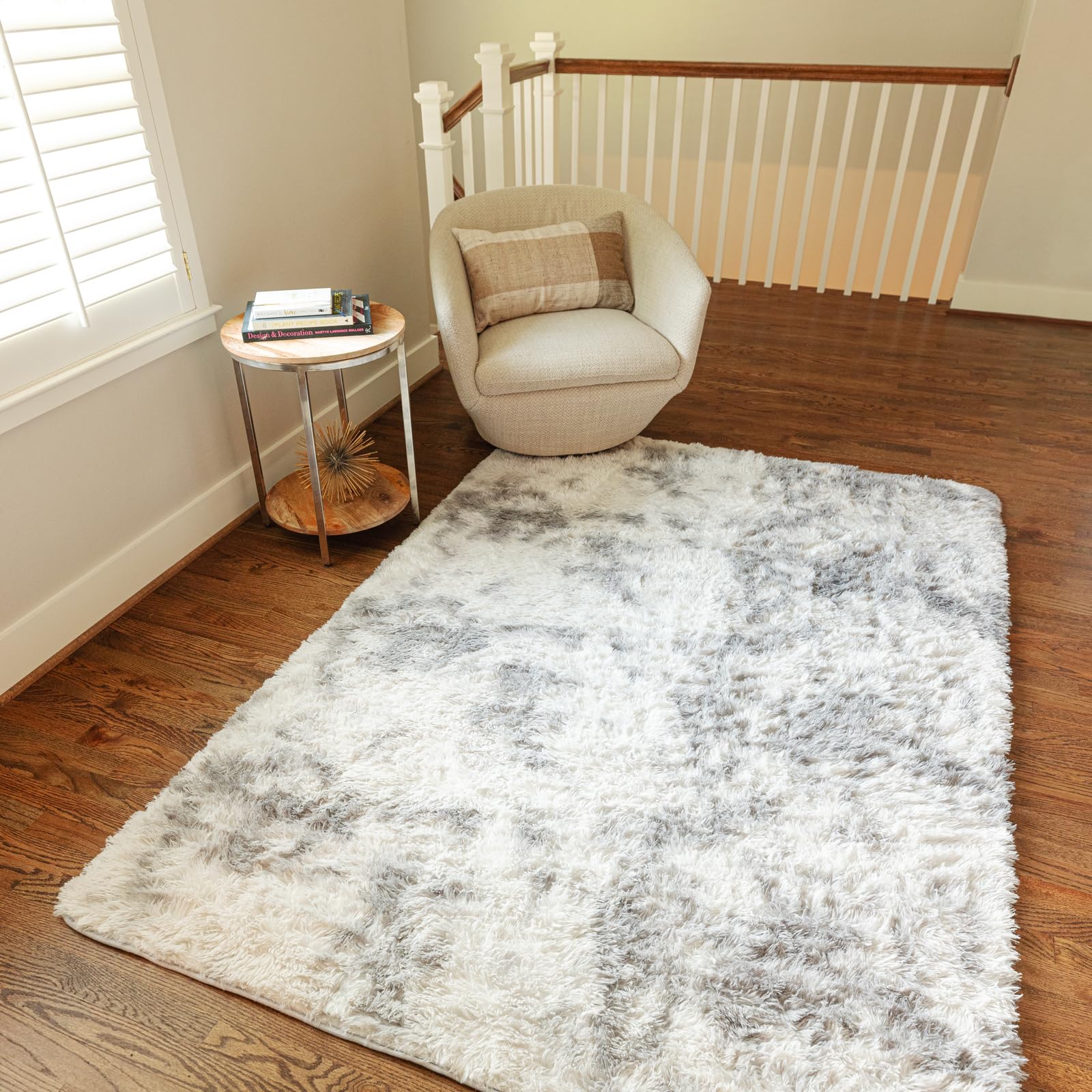 Ophanie Fluffy Shaggy Soft Area Rug | Tie Dyed Grey & White 5x7