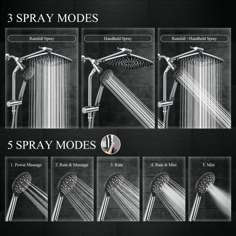 Veken 12 Inch High Pressure Rain Shower Head Combo with Extension Arm | Upgraded 2-in-1 slide bar | Silver Chrome-zoom-