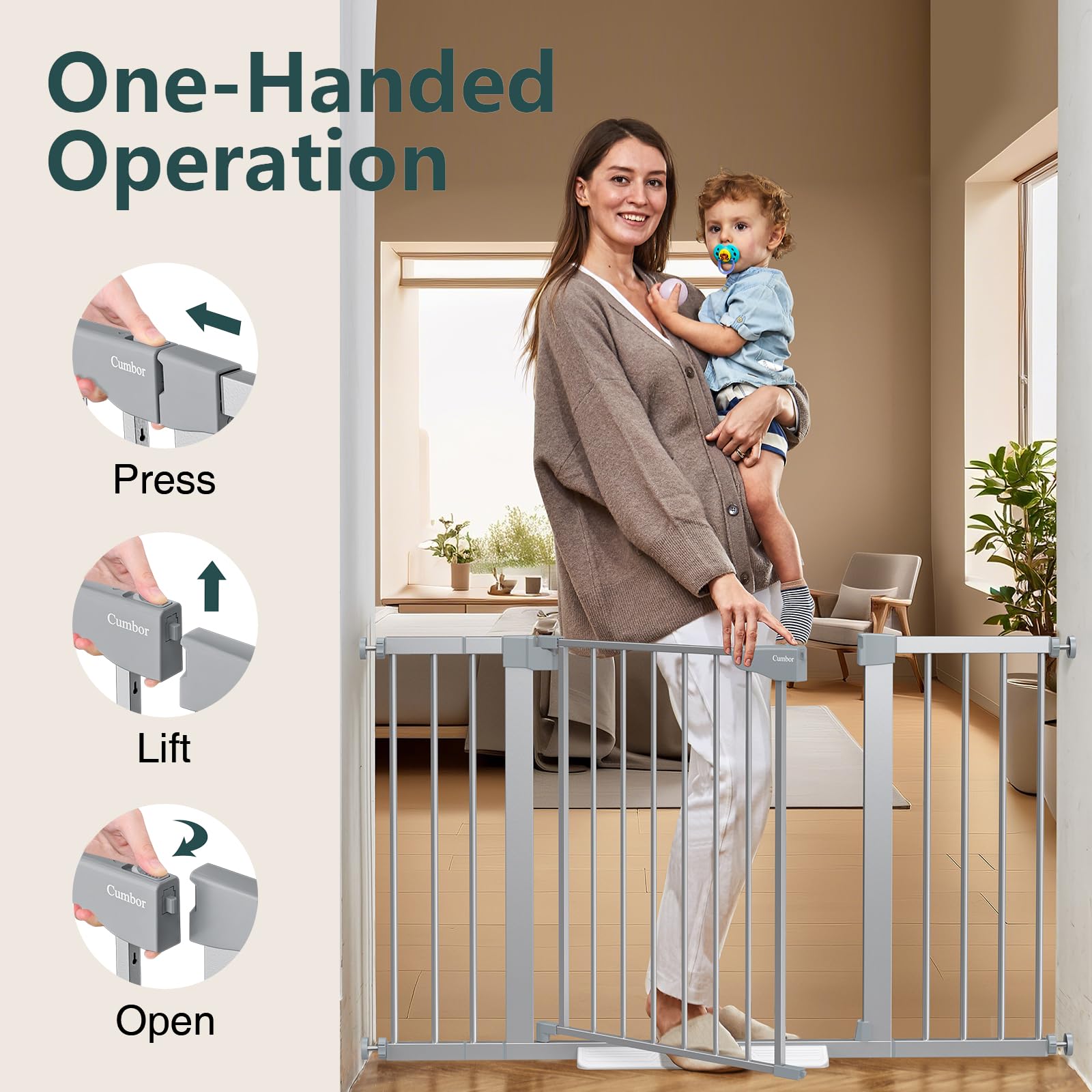 Cumbor | 29.7"-51.5" x 30.5" | Baby Gate Extra Wide | Silver