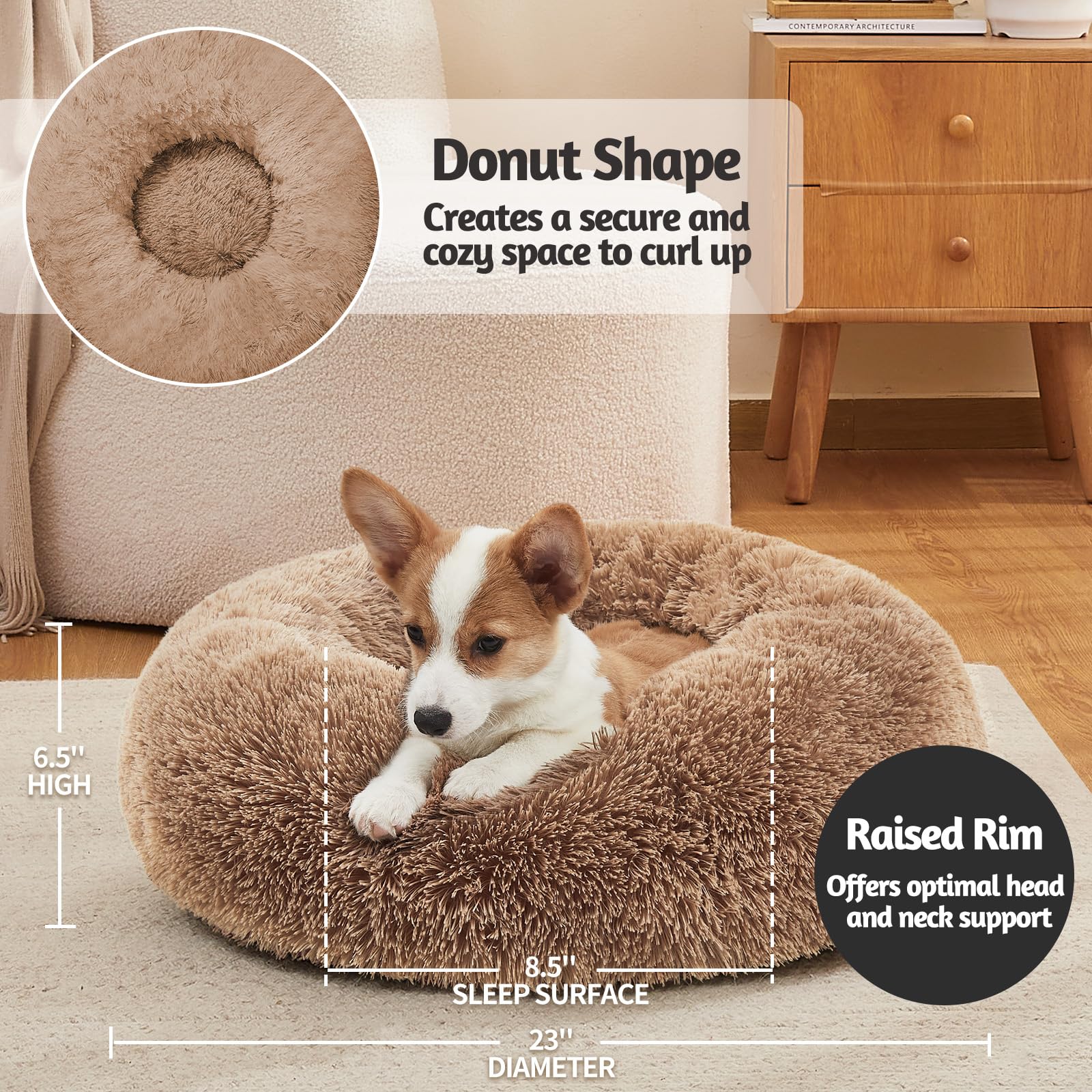 OhGeni Calming Donut Bed for Dogs and Cats | Small (23 x 23 x 7 Inch))| Ocher