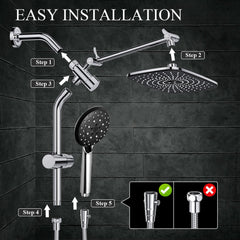 Veken 12 Inch High Pressure Rain Shower Head Combo with Extension Arm | Upgraded 2-in-1 slide bar | Silver Chrome - aborderproducts