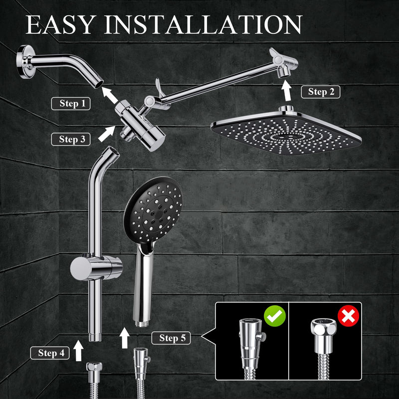 Veken 12 Inch High Pressure Rain Shower Head Combo with Extension Arm | Upgraded 2-in-1 slide bar | Silver Chrome-zoom-