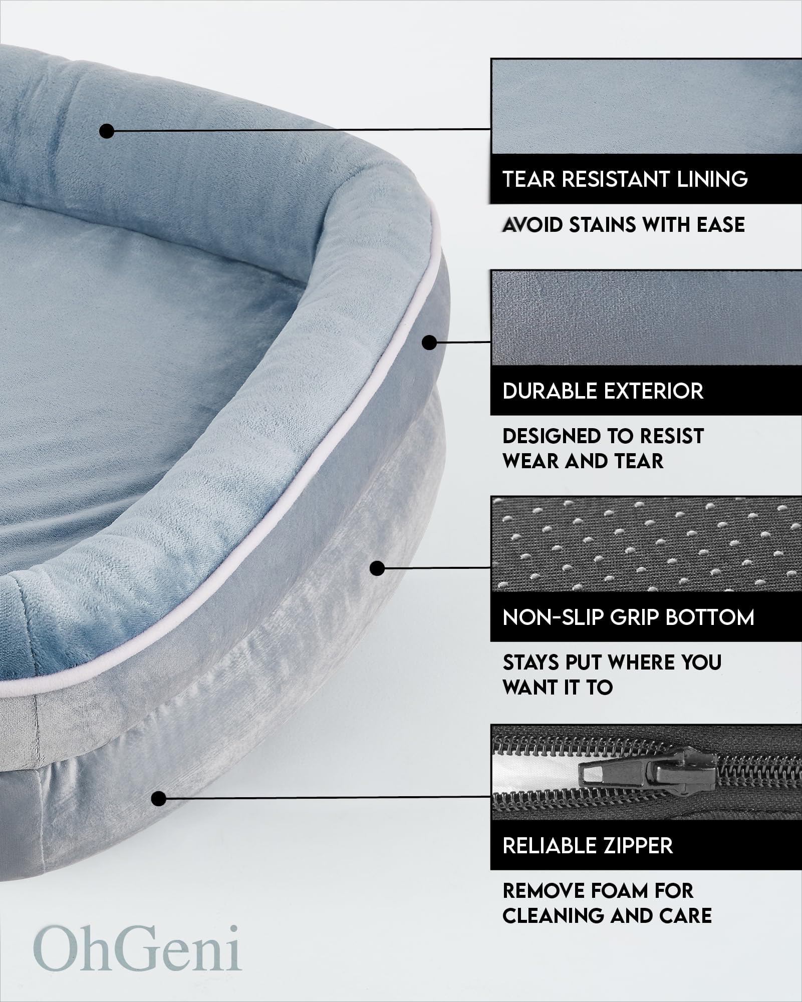 OhGeni | Orthopedic Dog Couch Bed |XL (42 x 31 x 7 Inch)| Washed Blue - aborderproducts