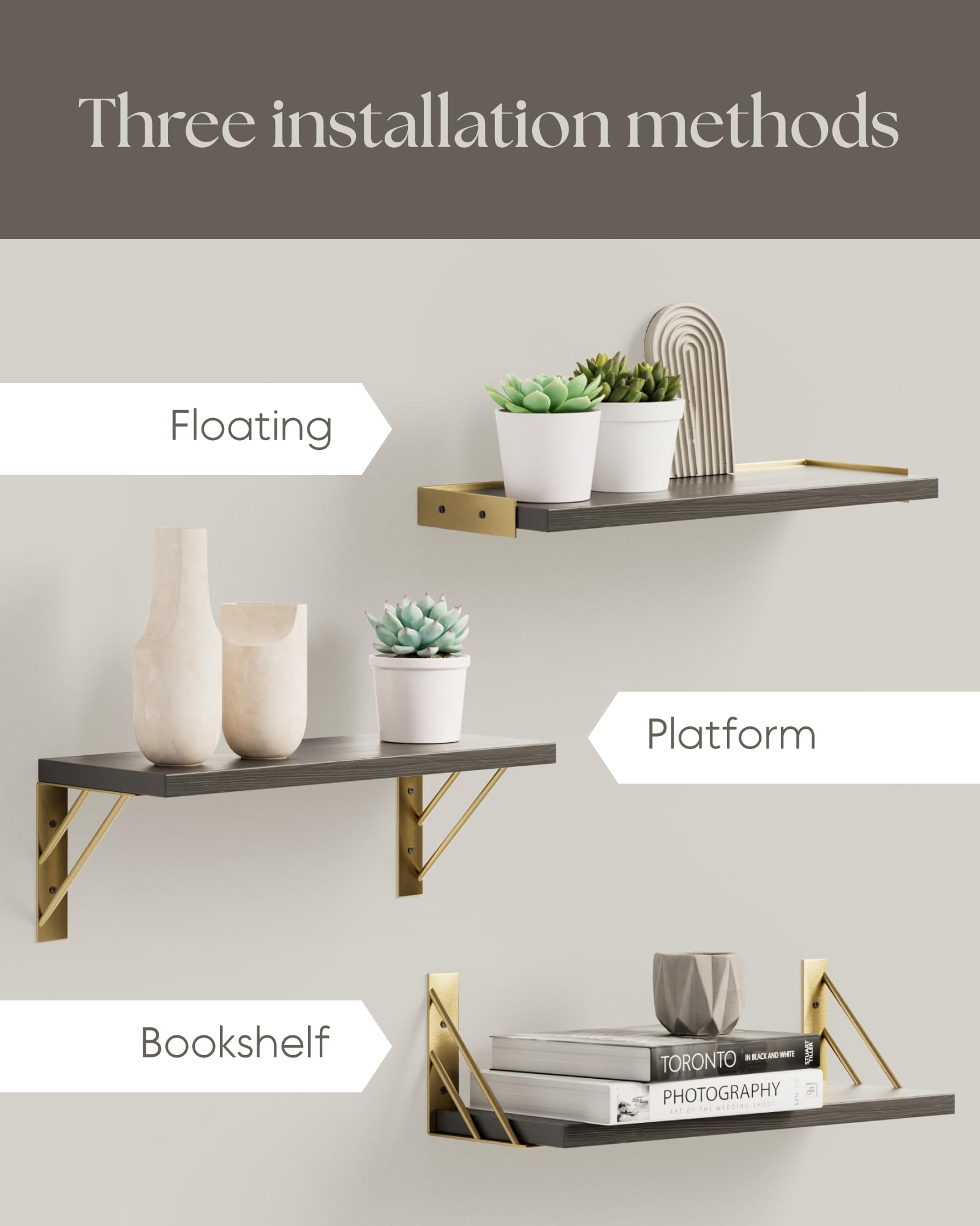 BAYKA | Floating Shelves | Set of 3 | Black and Gold