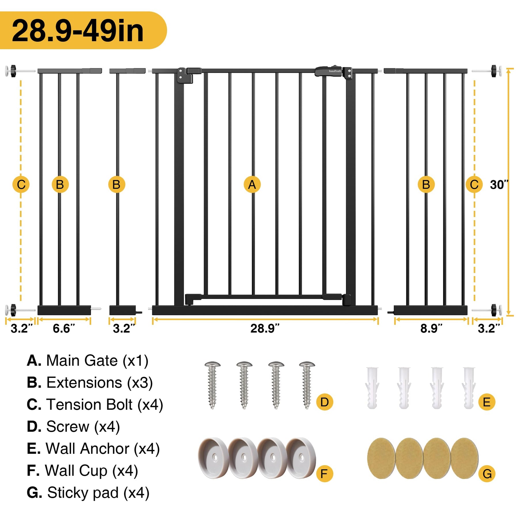 InnoTruth Safety Gate | 28.9” to 49” x 30" | Black