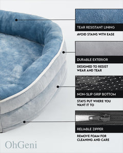 OhGeni | Orthopedic Dog Couch Bed | Large (35 x 28 x 6 Inch)| Washed Blue - aborderproducts