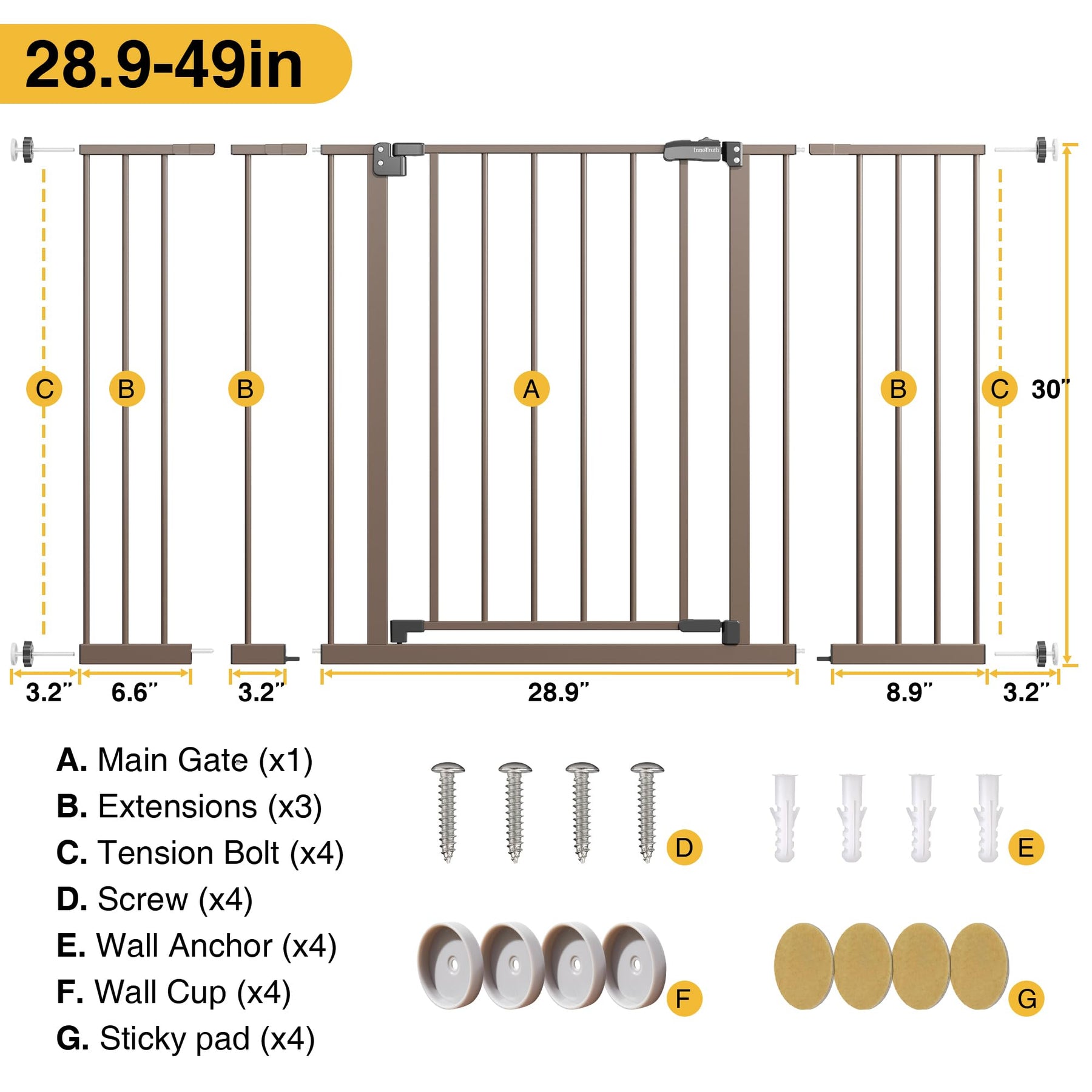 InnoTruth Safety Gate | 28.9” to 49” x 30" | Brown