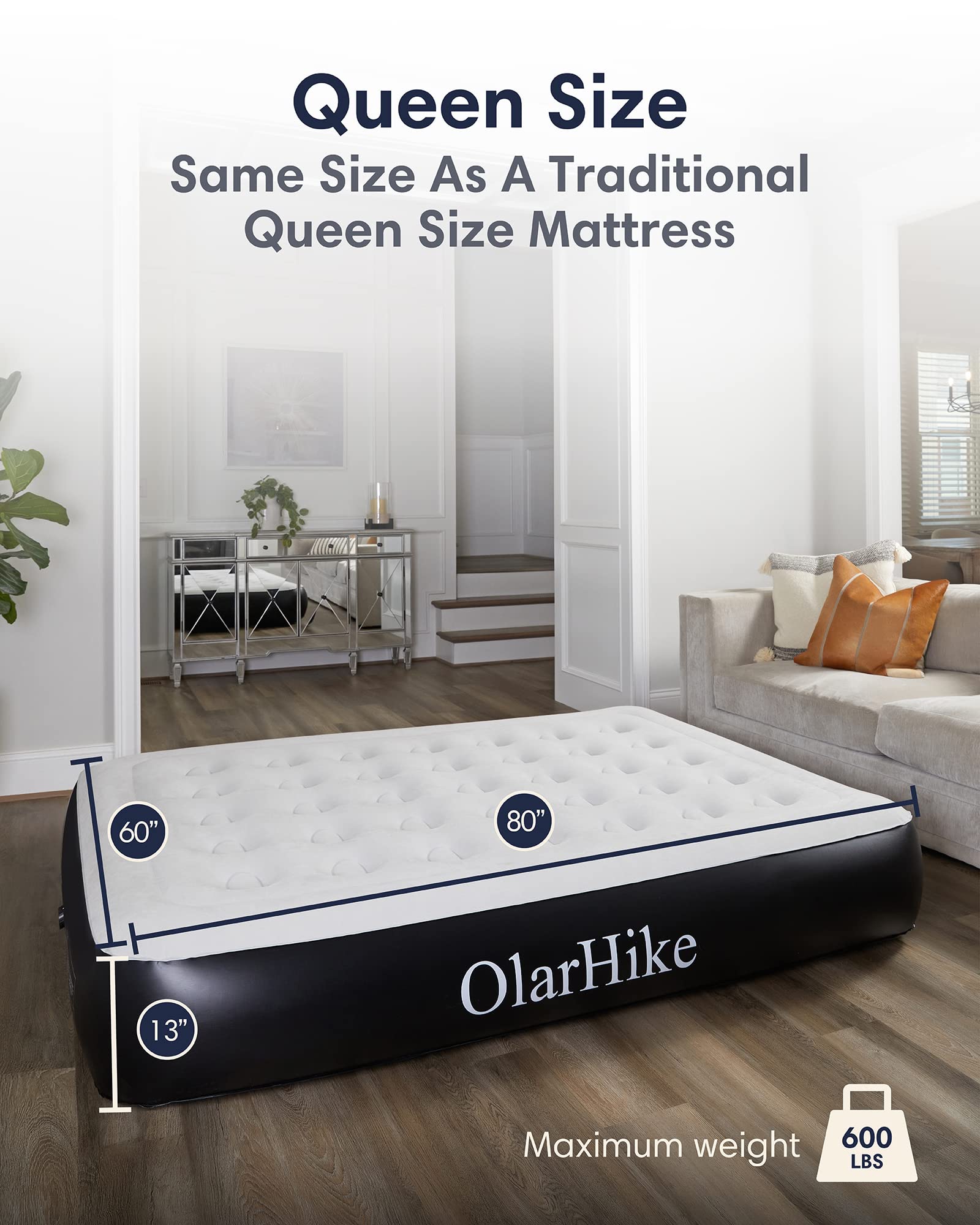 OlarHike Queen Air Mattress with Built in Pump | 13" High | Black