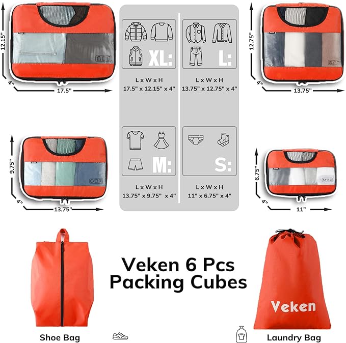 Packing Cubes | 6 Set | Color Orange | Veken - aborderproducts