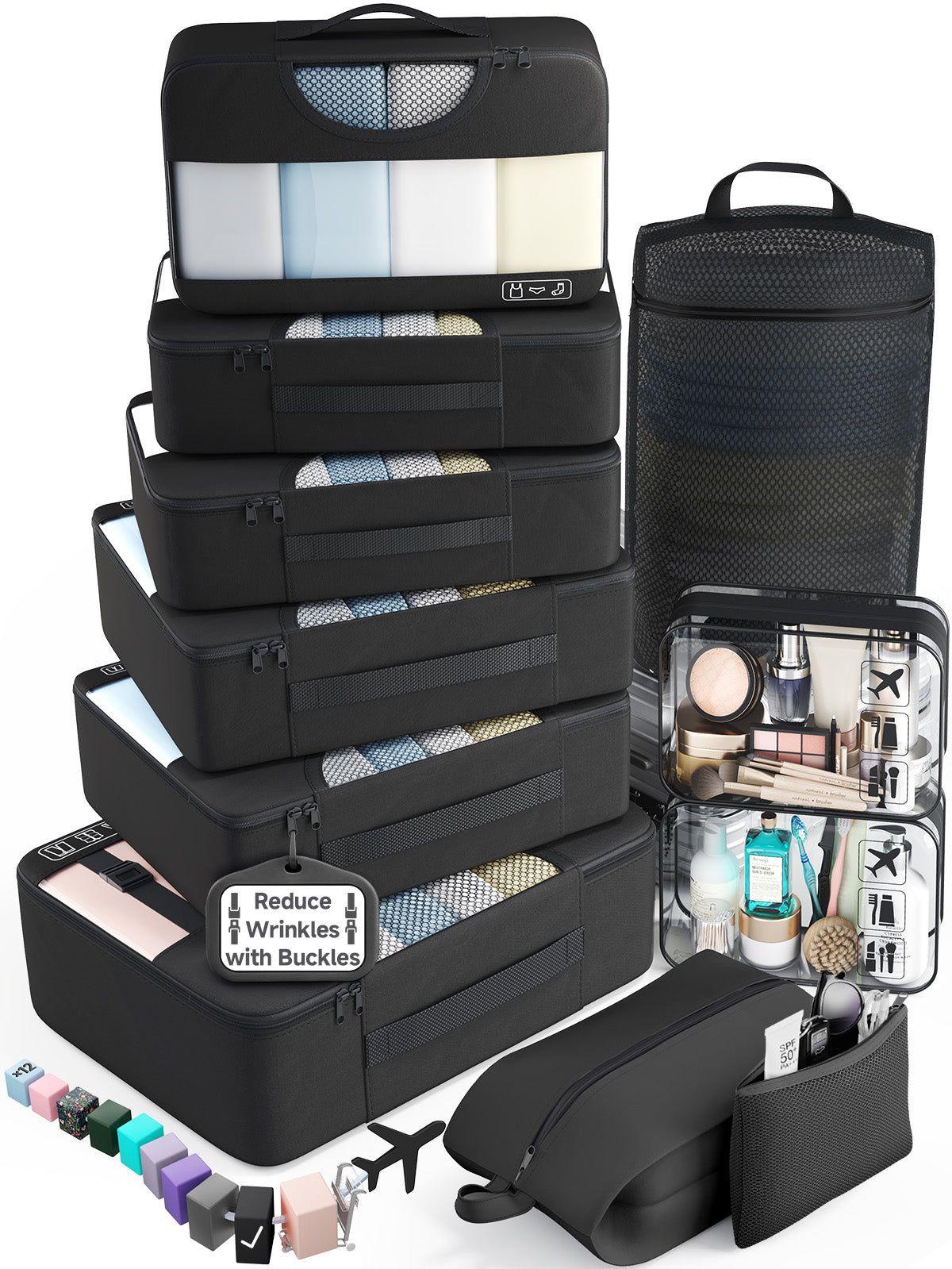 Veken 10 Set/8 Set Packing Cubes for Travel Essentials,Anti-Wrinkle Buckled Suitcase Organizer for Shoe & Toiletry Bag,Carry On Luggage Bag for Airplane & College Dorm Room Accessories,Women Men Gifts-zoom-1