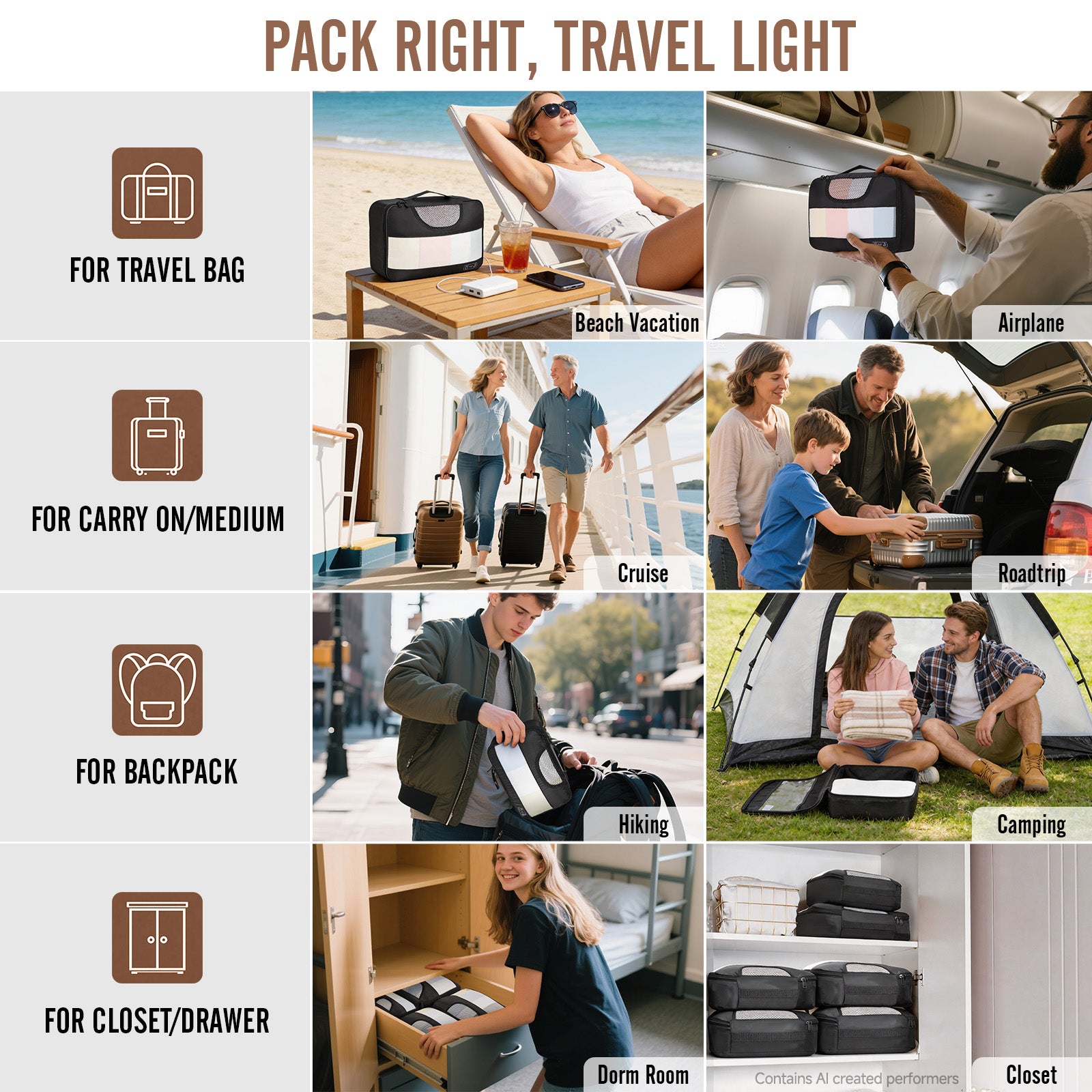 Veken 10 Set/8 Set Packing Cubes for Travel Essentials,Anti-Wrinkle Buckled Suitcase Organizer for Shoe & Toiletry Bag,Carry On Luggage Bag for Airplane & College Dorm Room Accessories,Women Men Gifts-zoom-32
