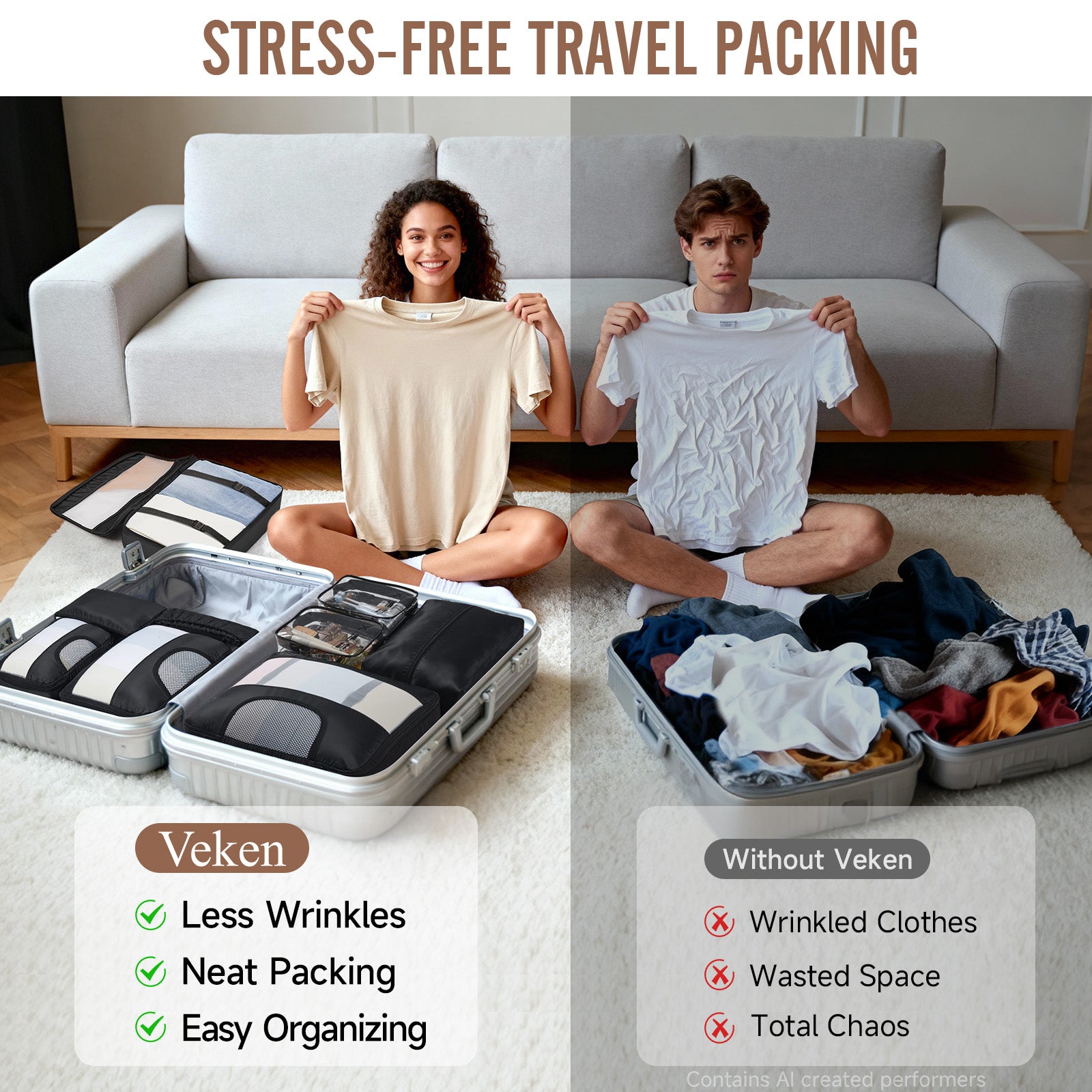 Veken 10 Set/8 Set Packing Cubes for Travel Essentials,Anti-Wrinkle Buckled Suitcase Organizer for Shoe & Toiletry Bag,Carry On Luggage Bag for Airplane & College Dorm Room Accessories,Women Men Gifts-zoom-34