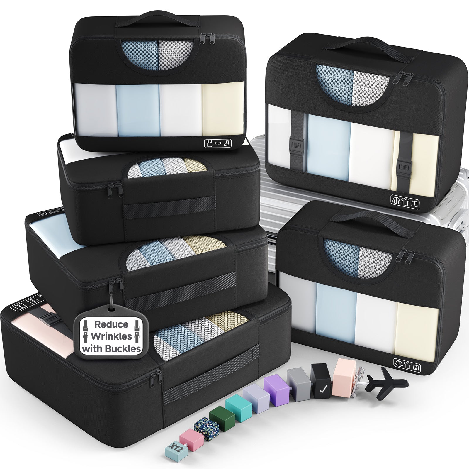 Veken 10 Set/8 Set Packing Cubes for Travel Essentials,Anti-Wrinkle Buckled Suitcase Organizer for Shoe & Toiletry Bag,Carry On Luggage Bag for Airplane & College Dorm Room Accessories,Women Men Gifts-zoom-33