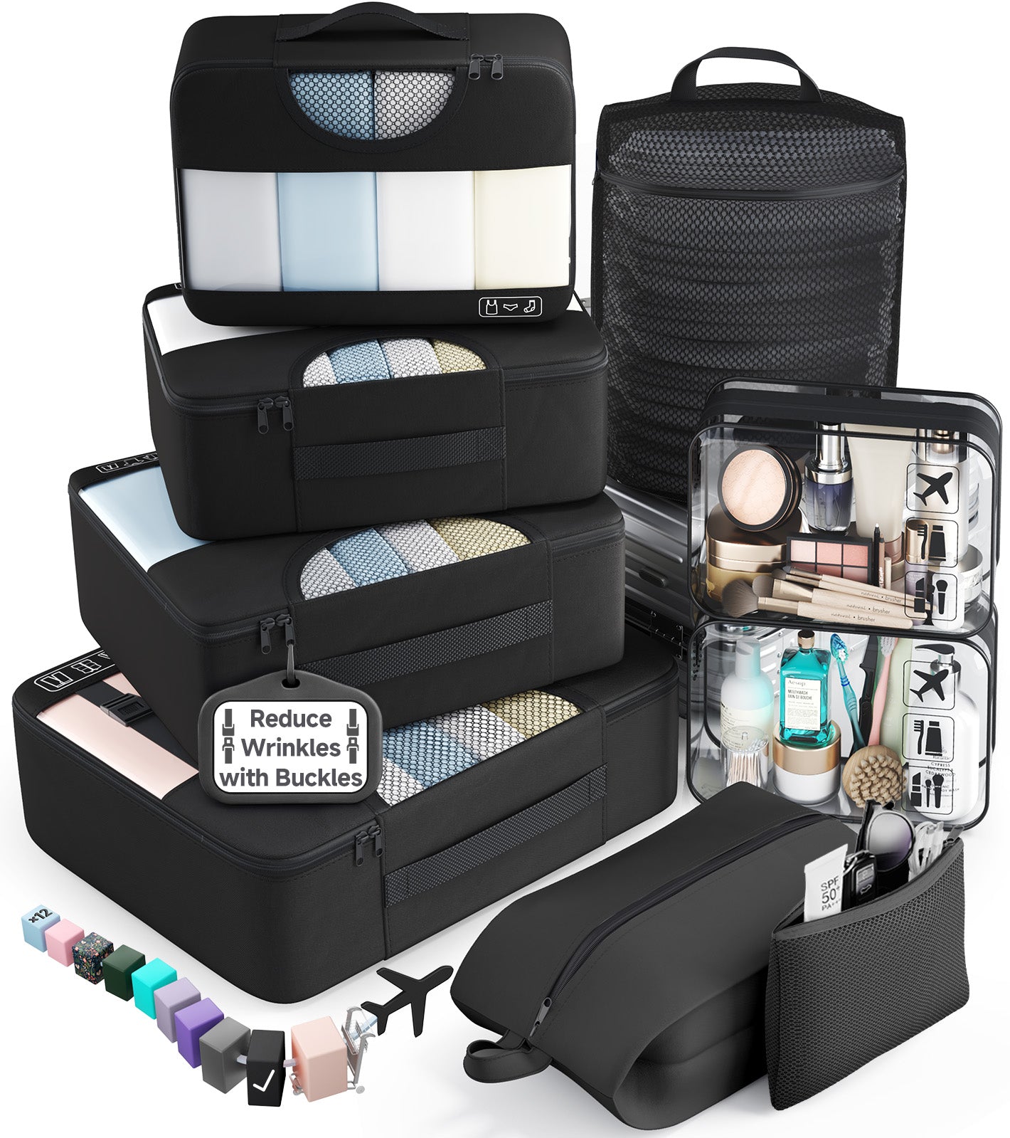 Veken 10 Set/8 Set Packing Cubes for Travel Essentials,Anti-Wrinkle Buckled Suitcase Organizer for Shoe & Toiletry Bag,Carry On Luggage Bag for Airplane & College Dorm Room Accessories,Women Men Gifts-zoom-25