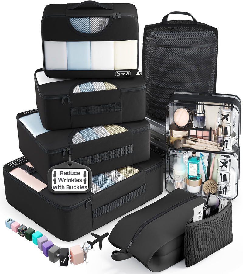 Veken 10 Set/8 Set Packing Cubes for Travel Essentials,Anti-Wrinkle Buckled Suitcase Organizer for Shoe & Toiletry Bag,Carry On Luggage Bag for Airplane & College Dorm Room Accessories,Women Men Gifts-zoom-