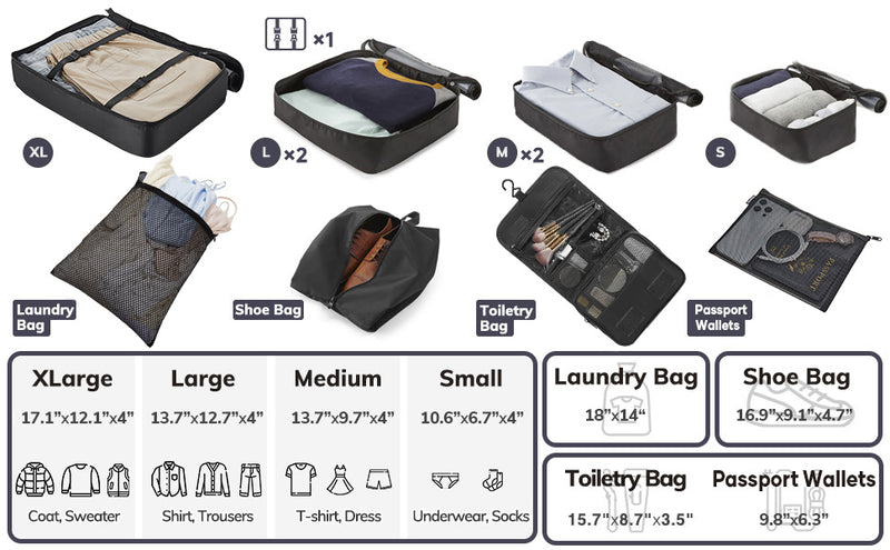 Veken 10 Set/8 Set Packing Cubes for Travel Essentials,Anti-Wrinkle Buckled Suitcase Organizer for Shoe & Toiletry Bag,Carry On Luggage Bag for Airplane & College Dorm Room Accessories,Women Men Gifts-zoom-