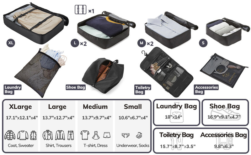 Veken 10 Set/8 Set Packing Cubes for Travel Essentials,Anti-Wrinkle Buckled Suitcase Organizer for Shoe & Toiletry Bag,Carry On Luggage Bag for Airplane & College Dorm Room Accessories,Women Men Gifts-zoom-
