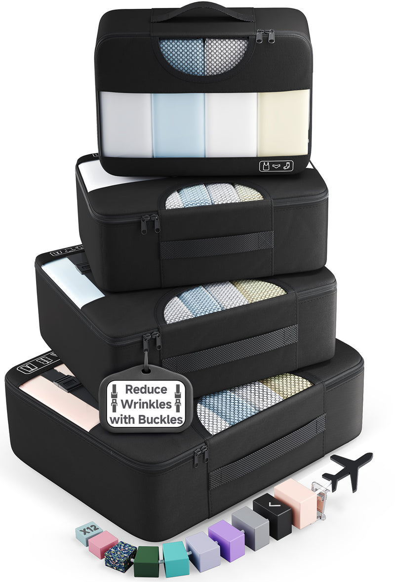 Veken 10 Set/8 Set Packing Cubes for Travel Essentials,Anti-Wrinkle Buckled Suitcase Organizer for Shoe & Toiletry Bag,Carry On Luggage Bag for Airplane & College Dorm Room Accessories,Women Men Gifts-zoom-
