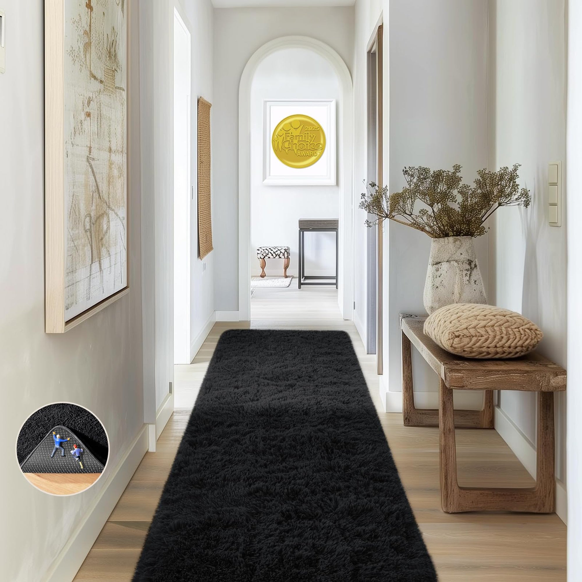Ophanie Black Fluffy Runner Rug 2x6, Non Slip Shag Carpet for Hallway Bedroom, Soft Bedside Rug for Kids Nursery, Living Room Dorm Mat