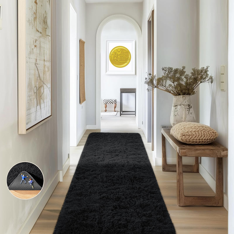 Ophanie Black Fluffy Runner Rug 2x6, Non Slip Shag Carpet for Hallway Bedroom, Soft Bedside Rug for Kids Nursery, Living Room Dorm Mat-zoom-