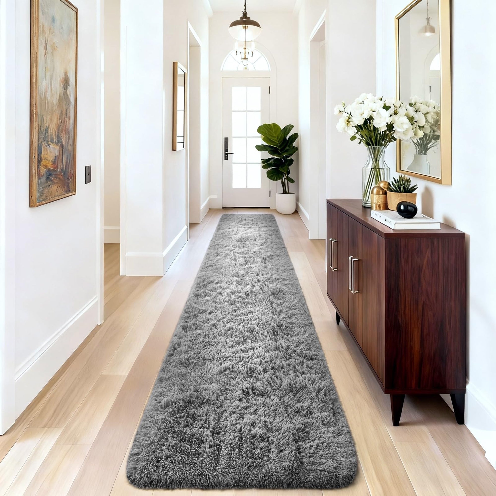 Ophanie Grey Fluffy Runner Rug 2x10, Non Slip Shag Carpet for Hallway Bedroom, Soft Bedside Rug for Kids Nursery, Living Room Dorm Mat-zoom-4
