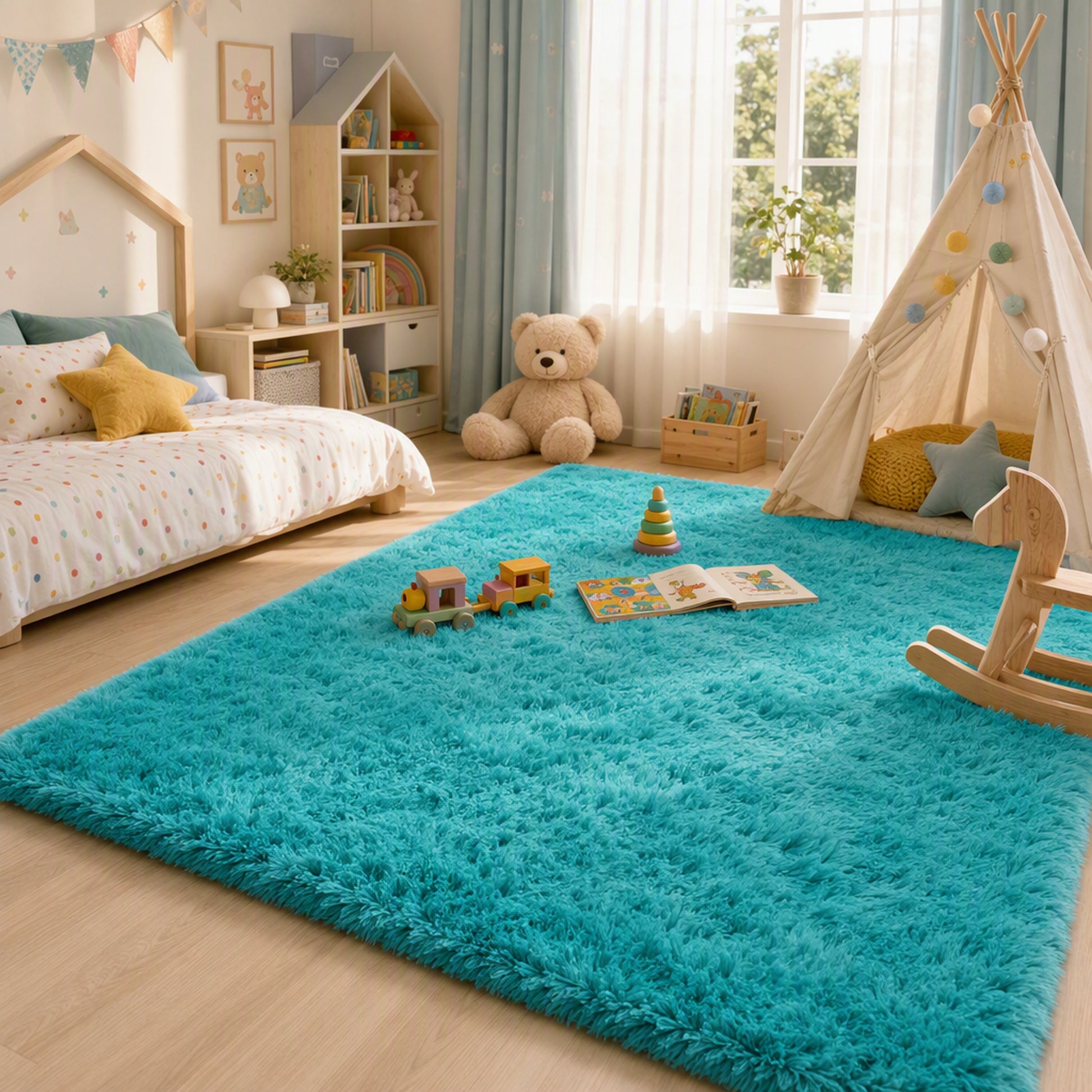Ophanie 4x6 Area Rug Non Slip Plush Shag Bedroom Living Room Carpet Teal Soft Fluffy Floor Rug-5
