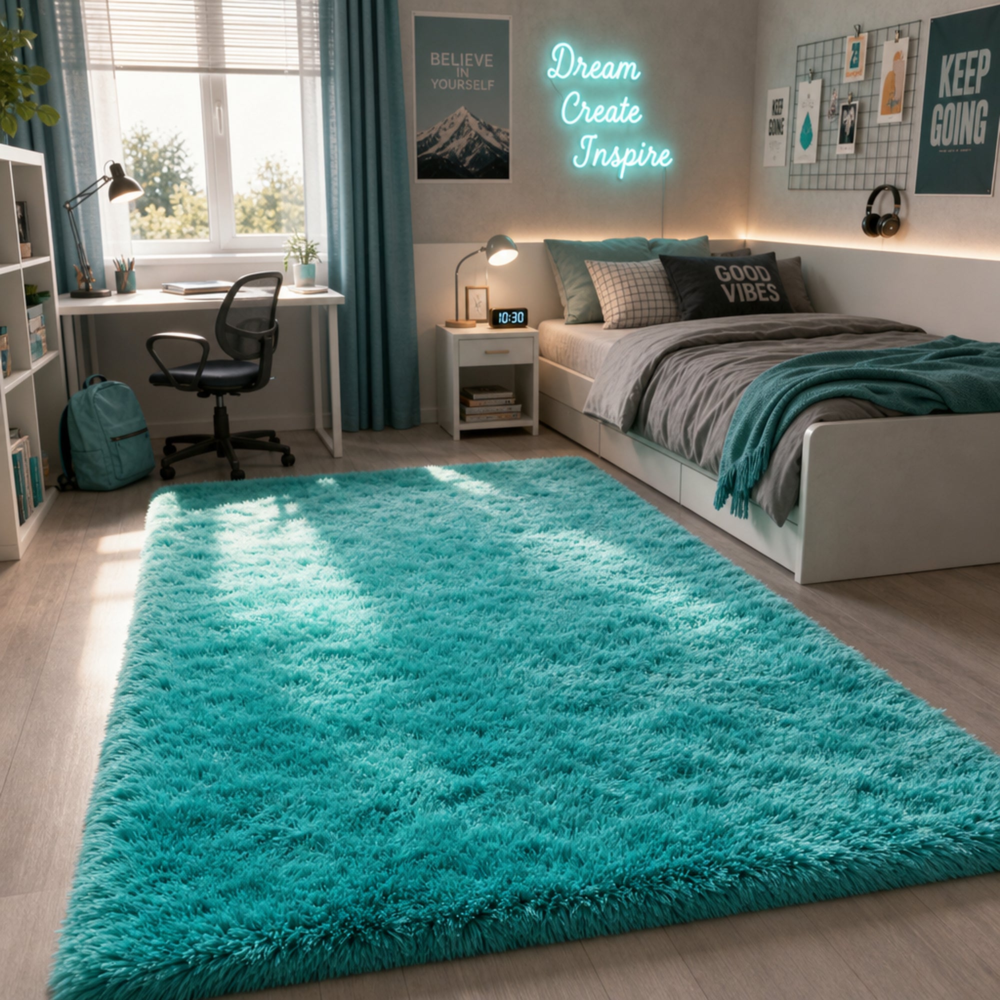 Ophanie 4x6 Area Rug Non Slip Plush Shag Bedroom Living Room Carpet Teal Soft Fluffy Floor Rug-zoom-4