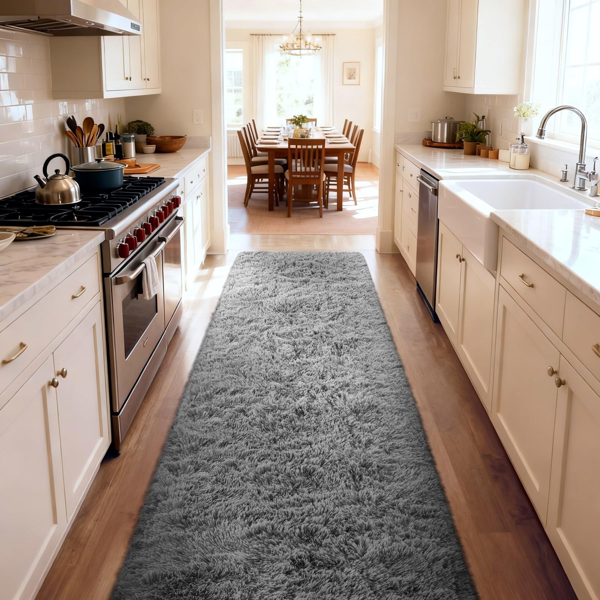 Ophanie Grey Fluffy Runner Rug 2x10, Non Slip Shag Carpet for Hallway Bedroom, Soft Bedside Rug for Kids Nursery, Living Room Dorm Mat