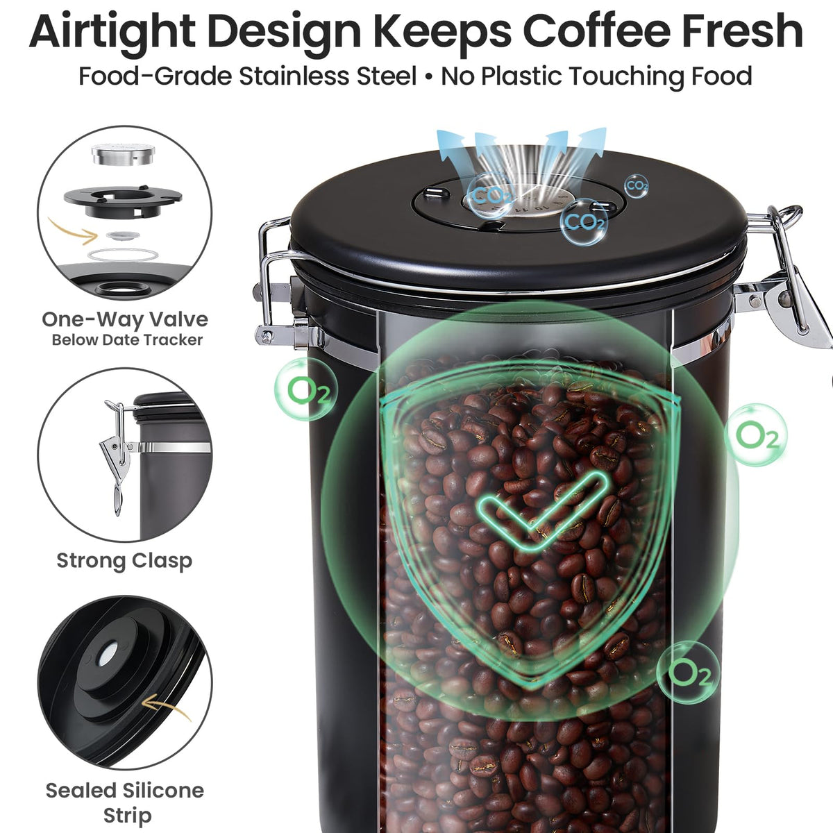 Veken Coffee Canister,Large Airtight Stainless Steel Container-zoom-5