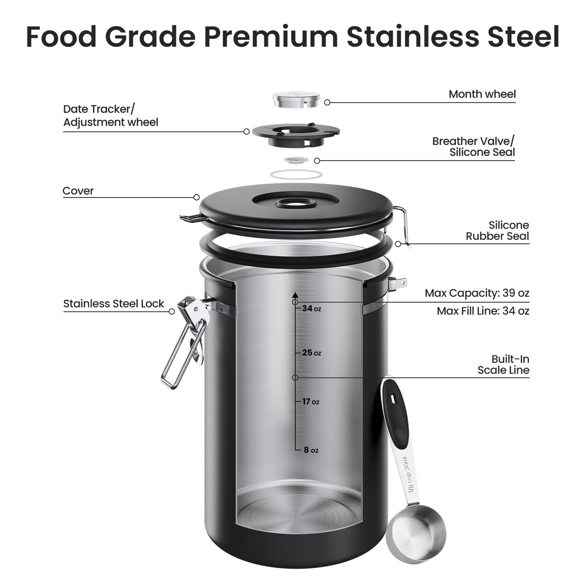 Veken Coffee Canister,Large Airtight Stainless Steel Container-zoom-6