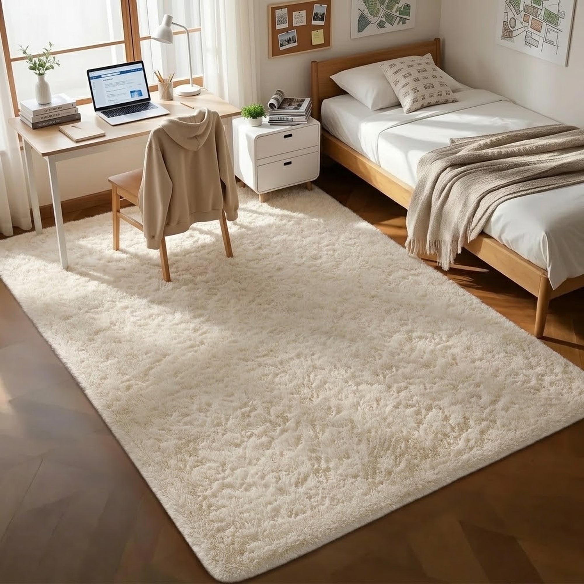 Ophanie 5x8 Area Rug Non Slip Plush Shag Bedroom Living Room Carpet Ivory Soft Fluffy Floor Rug