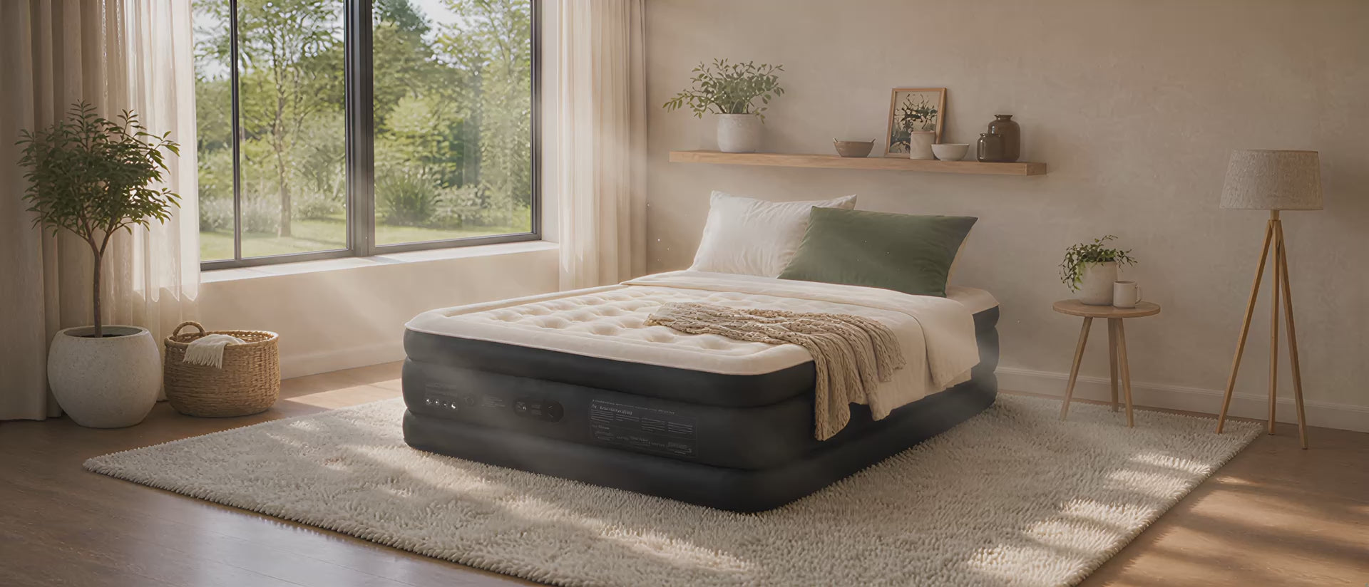 Raised air mattress made up with bedding in a sunlit bedroom