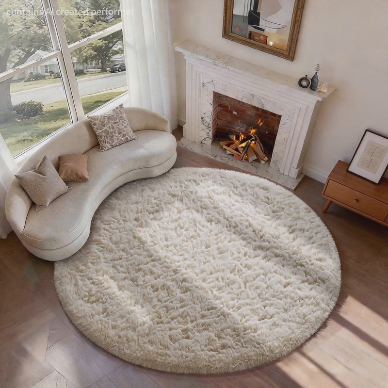 Ophanie 4ft Round Area Rug Plush Shag Circular Bedroom Nursery Rug Ivory Soft Fluffy Carpet-zoom-