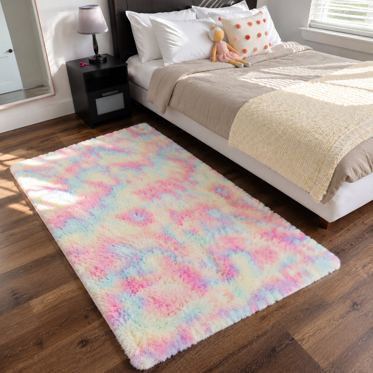 Ophanie Rainbow Rug 4x6, Fluffy Shag Area Rug for Girls Bedroom, Colorful Soft Fuzzy Carpet for Kids Nursery, Teen Dorm Bedside Mat-9