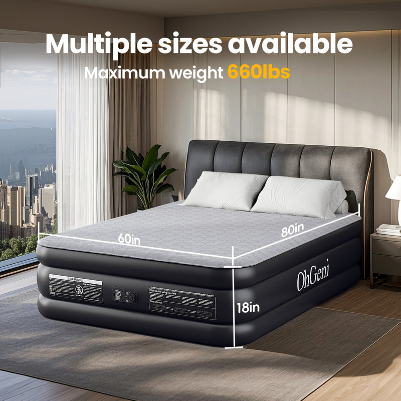 OhGeni |  Air Mattress with Silk Foam Topper  |  Queen | 18" | Black-zoom-