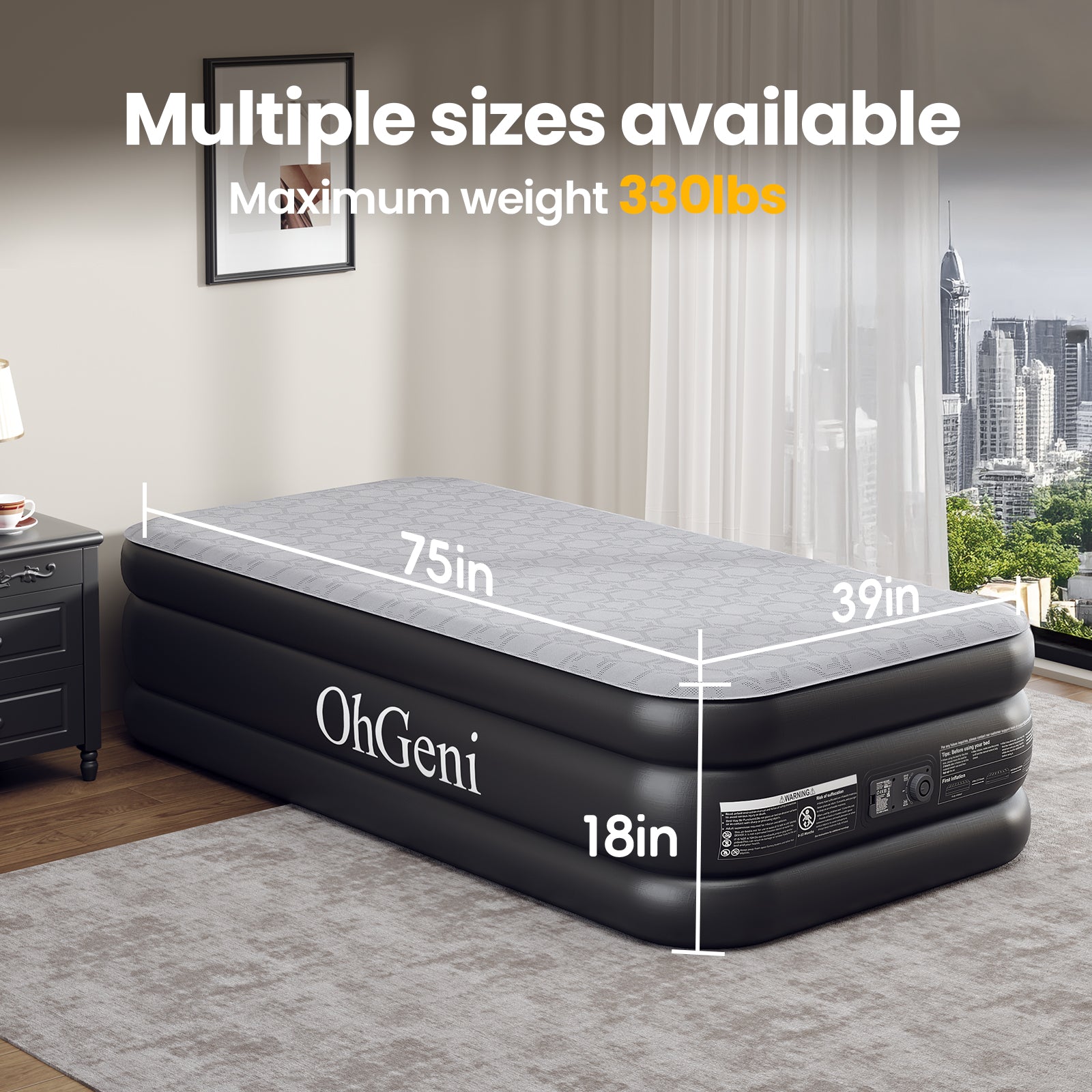 OhGeni | Air Mattress with Silk Foam Topper | Twin | 18"  | Black - aborderproducts